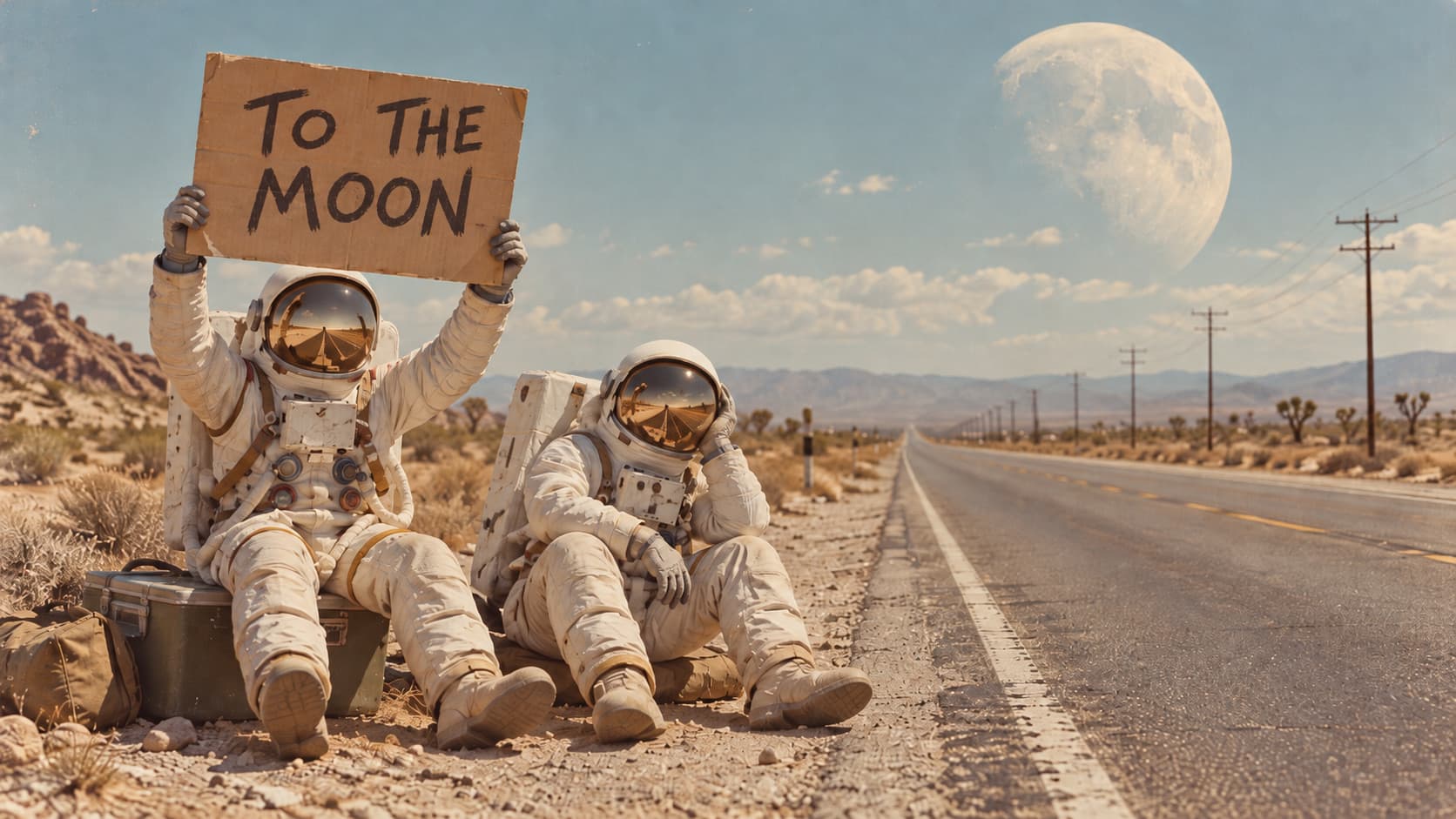 Два космонавта сидят у дороги, один держит табличку «To the moon»